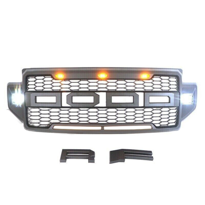 Front Grille For 2020 2021 2022 F250 F350 F450 F550 Super Duty Raptor Grill W/3+2 LED Lights& Letters Matte Black