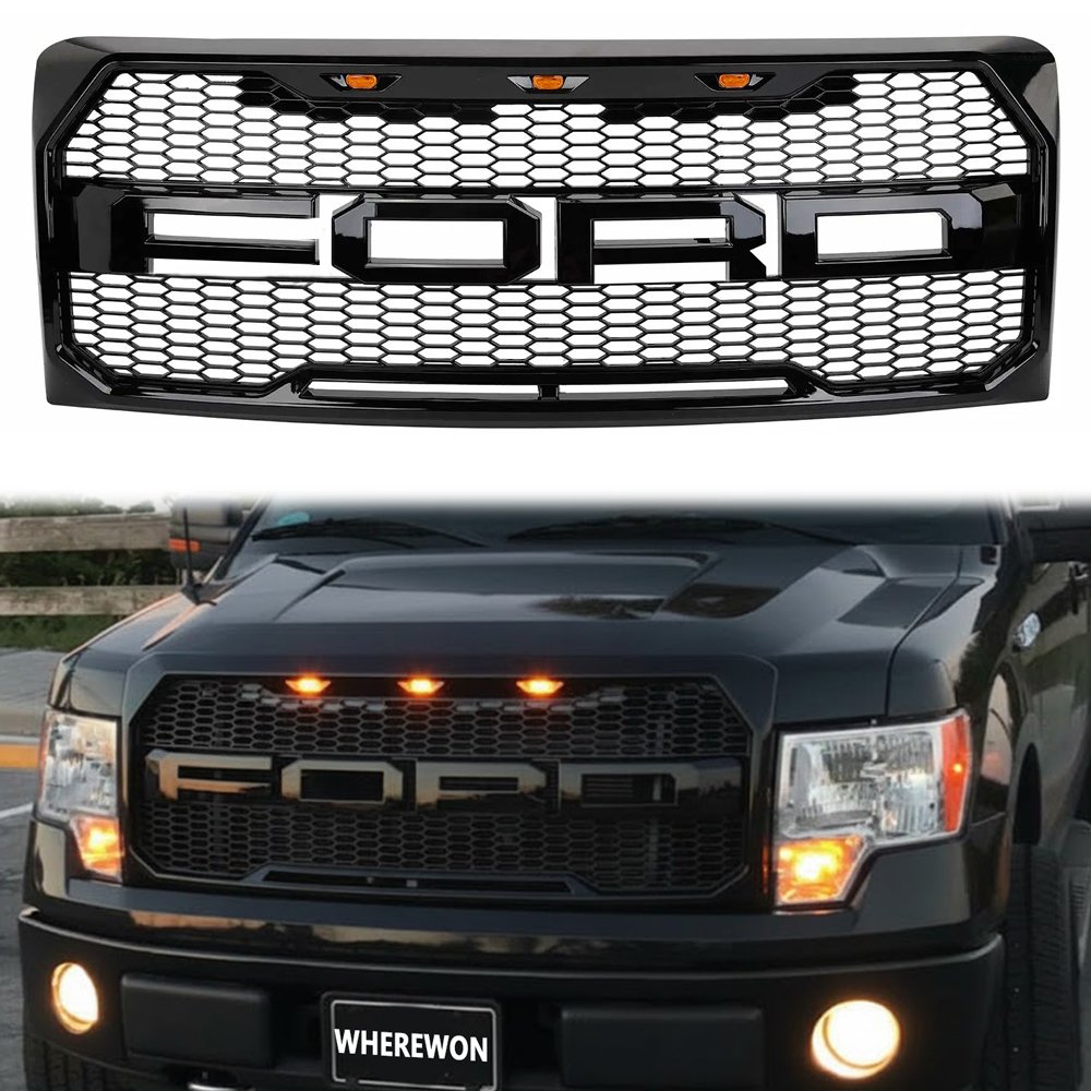 For 2009-2014 Ford F150 F-150 Front Grille Raptor Style Grill with 3 Amber LED Light Glossy Black
