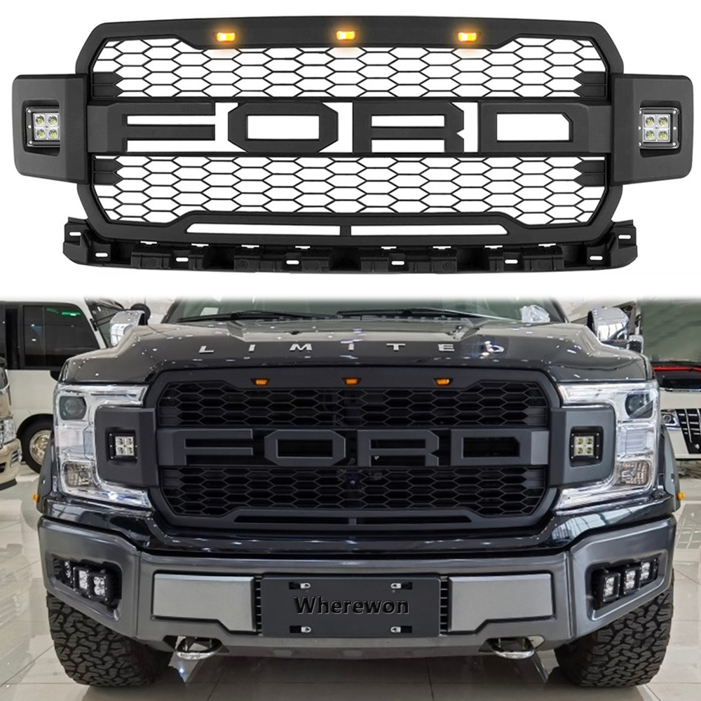 For 2018 2019 2020 Ford F150 Grill Raptor Style Front Grille Mesh With Letters & Light Matte Black
