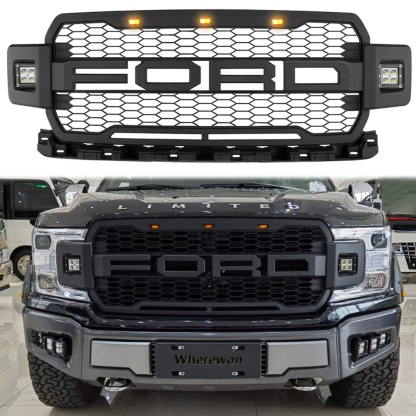 For 2018 2019 2020 Ford F150 Grill Raptor Style Front Grille Mesh With Letters & Light Matte Black