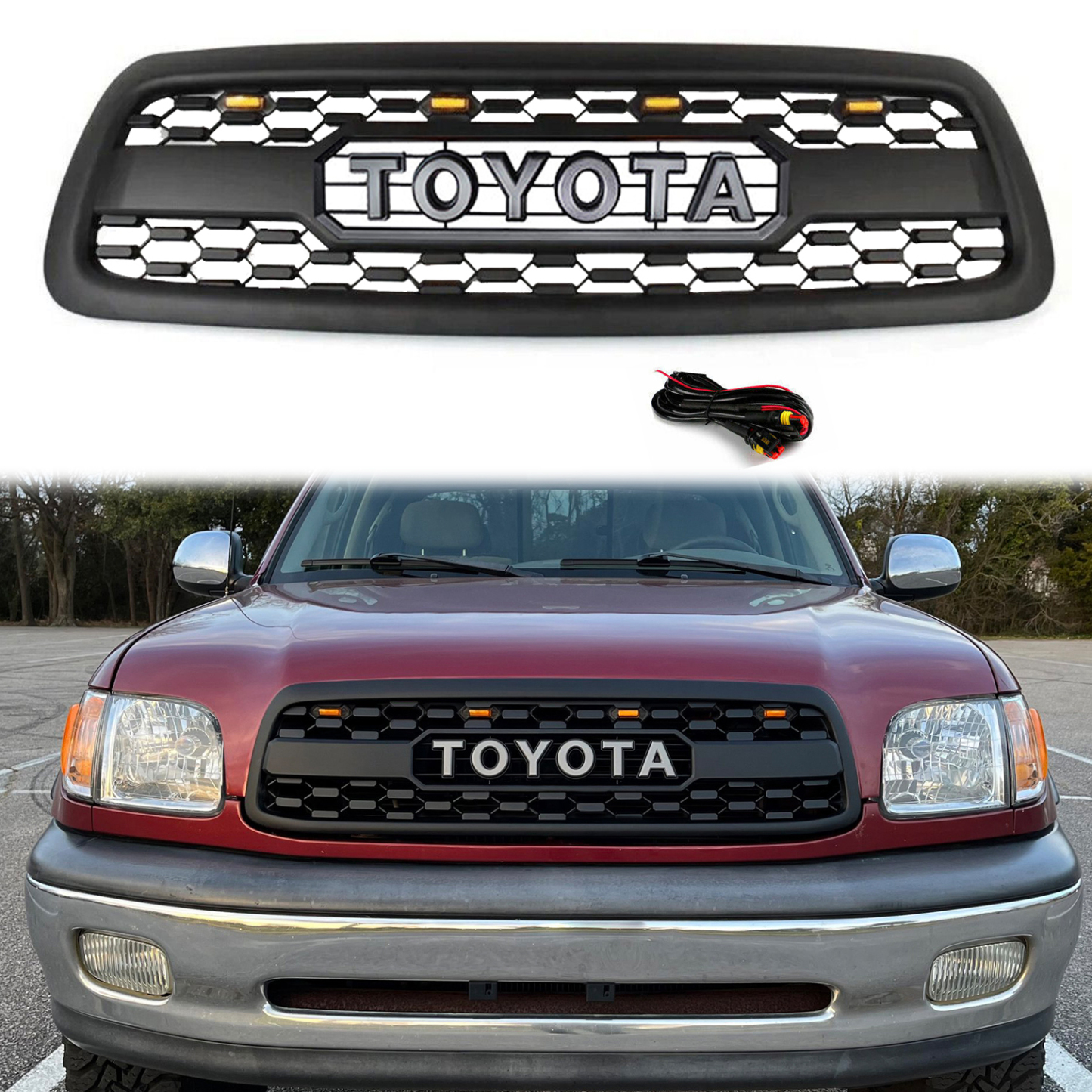Front Grille For 2000-2002 Toyota Tundra Trd Pro Grill W/LED Lights and Letters Matte Black