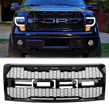 Front Grille For 2009-2014 Ford F150 Raptor Style Grill with Amber LED Light Glossy Black