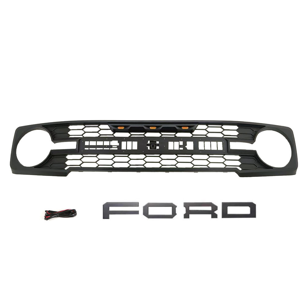 For 2021-2023 Ford Bronco Grill Raptor Style Front Bumper Grille With LED Lights Matte Black