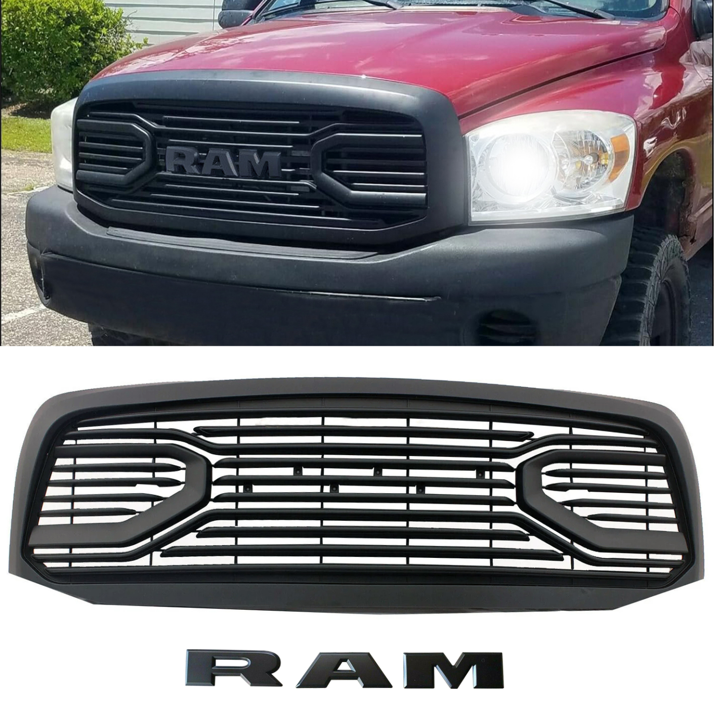 For 2006-2008 Dodge RAM 1500 2500 3500 Grill Big Horn Style Front Grille w/ Letters Matte Black