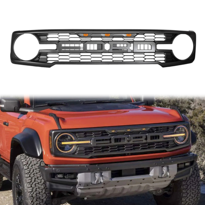 For 2021-2023 Ford Bronco Grill Raptor Style Front Bumper Grille With LED Lights Matte Black