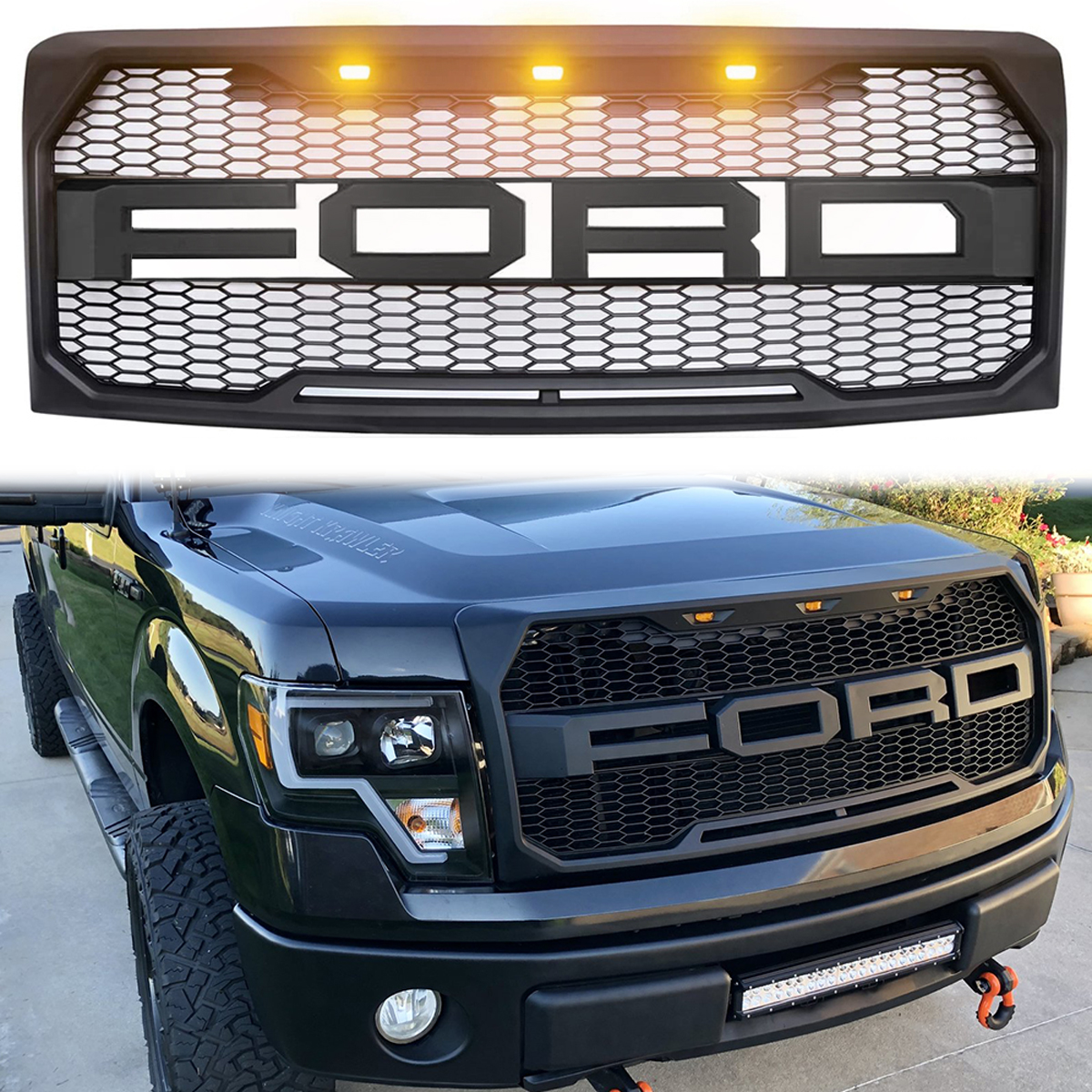 Front Grille For 2009-2014 Ford F150 Raptor Style Grill with Amber LED Light Matte Black