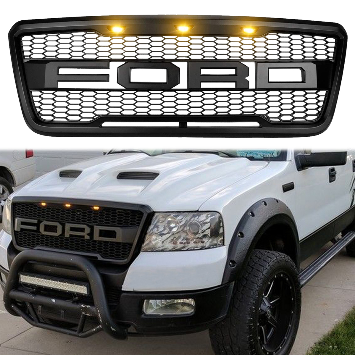 For Ford F150 2004-2008 Grill Raptor Style Front Grille with LED Light & Letter Matte Black 