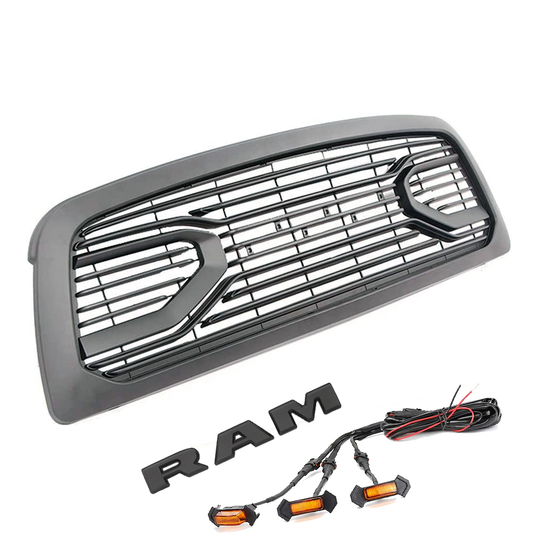 For 2009-2012 Dodge Ram 1500 Front Grille Big Horn Style Grill Matte Black with Letter &Light