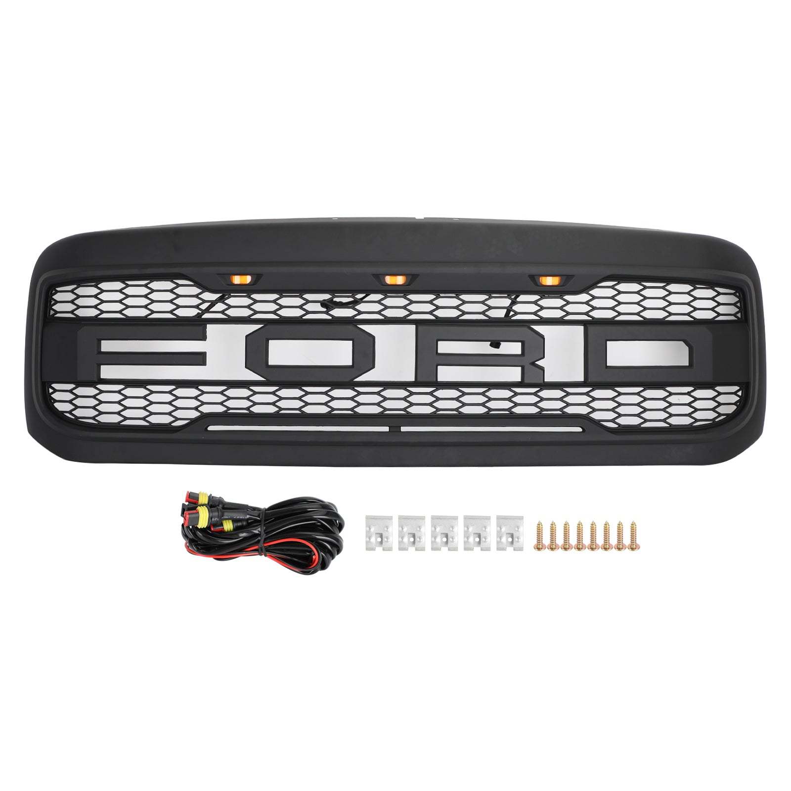 Front Grille For 1999-2004 Ford F250 F350 Super Duty Raptor Style Grill w/ LED Matte Black