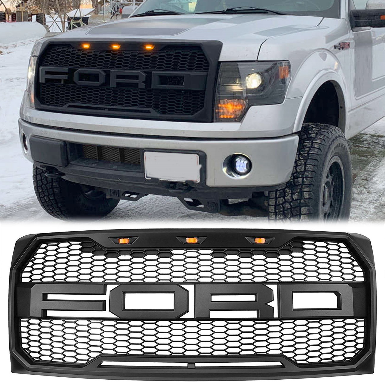 For 2009-2014 Ford F150 Raptor Style Front Bumper Grille Hood Grill Matte Black