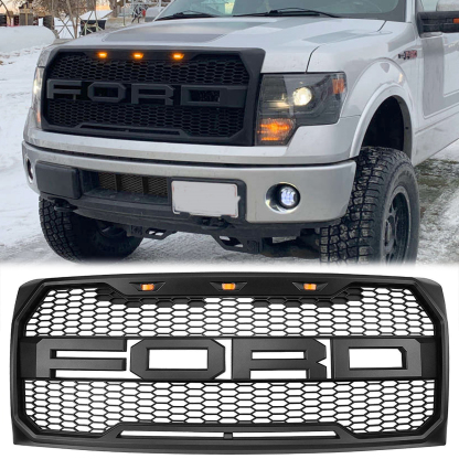 For 2009-2014 Ford F150 Raptor Style Front Bumper Grille Hood Grill Matte Black
