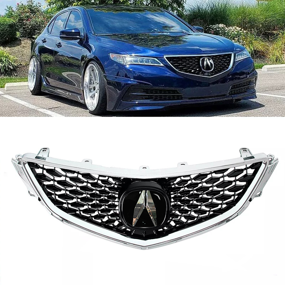 For 2015-2017 Honda Acura TLX Grille Upgrade 2018 Acura TLX Style Grill with Emblem Chrome + Glossy Black 
