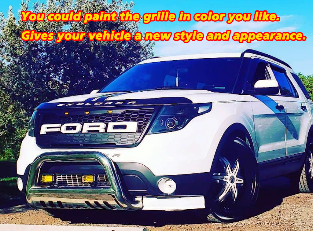 Front Bumper Grill For Ford Explorer 2011-2015 Grille W/ Letters & LED Lights Matte Black