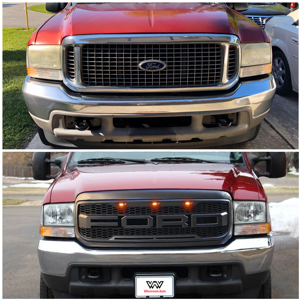 For 1999-2004 Ford F250 F350 Super Duty Grill Raptor Style Front Grille with Llight & Letter Matte Black