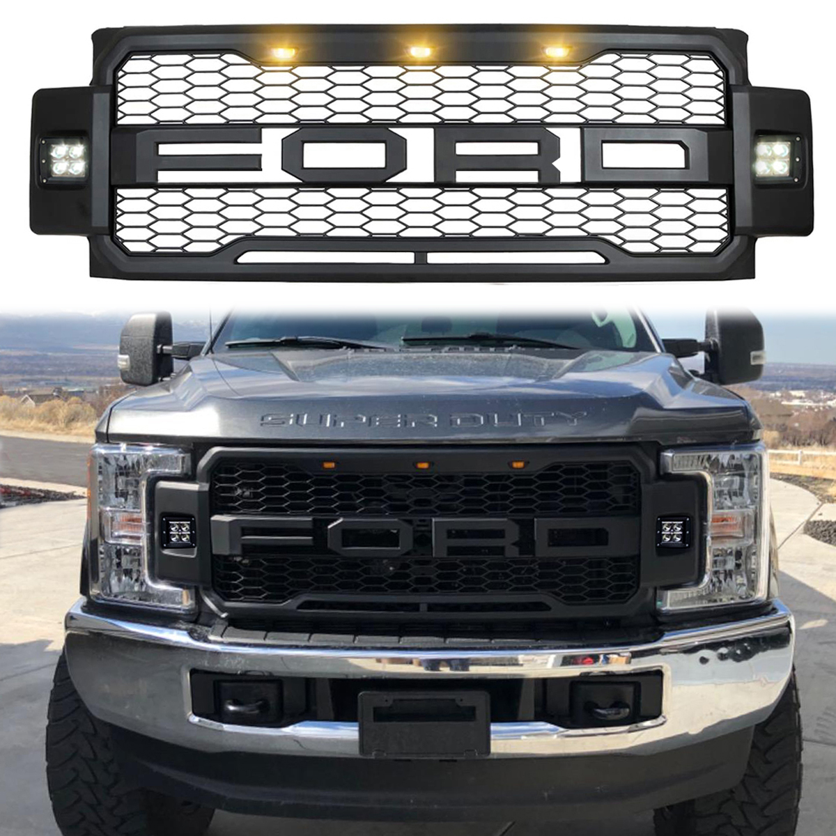 2017-2019 Ford F250 F350 F450 F550 Super Duty Grill Raptor Style Front Grille With Light Matte Black