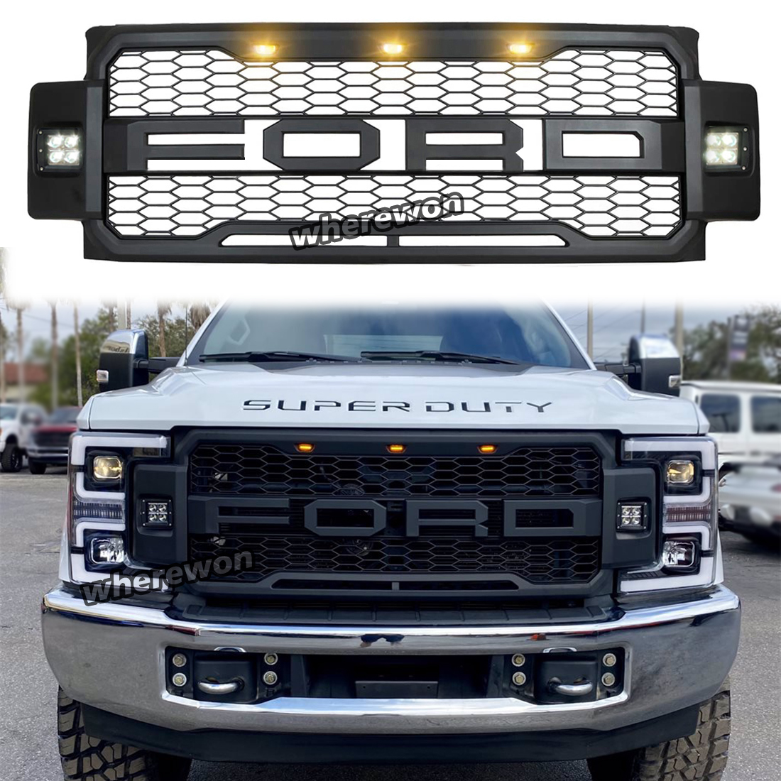 For 2017-2019 FORD F250 F350 Super Duty Raptor Style Grill Front Grille W/LED Matte black