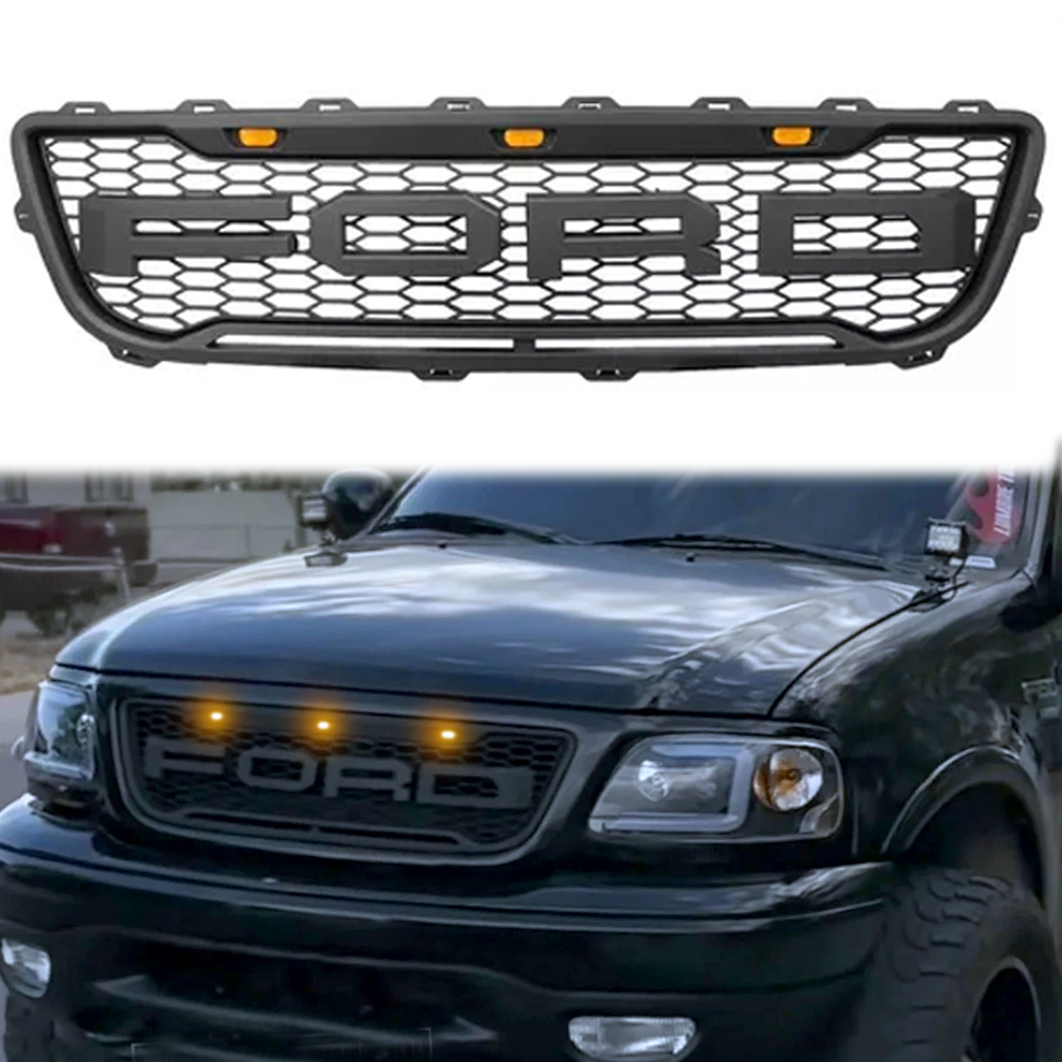 For Ford F150 1999-2003 Grill Raptor Style Front Grille W/Letter & Amber Led Light Matte Black