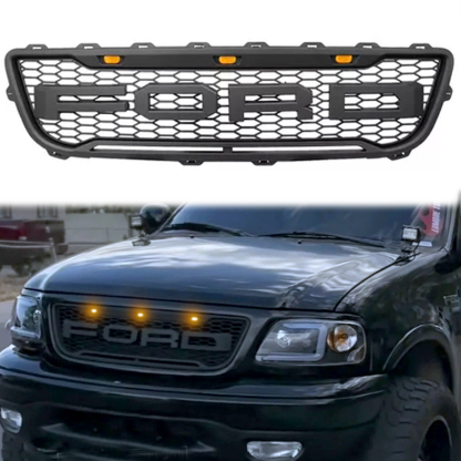 For Ford F150 1999-2003 Grill Raptor Style Front Grille W/Letter & Amber Led Light Matte Black