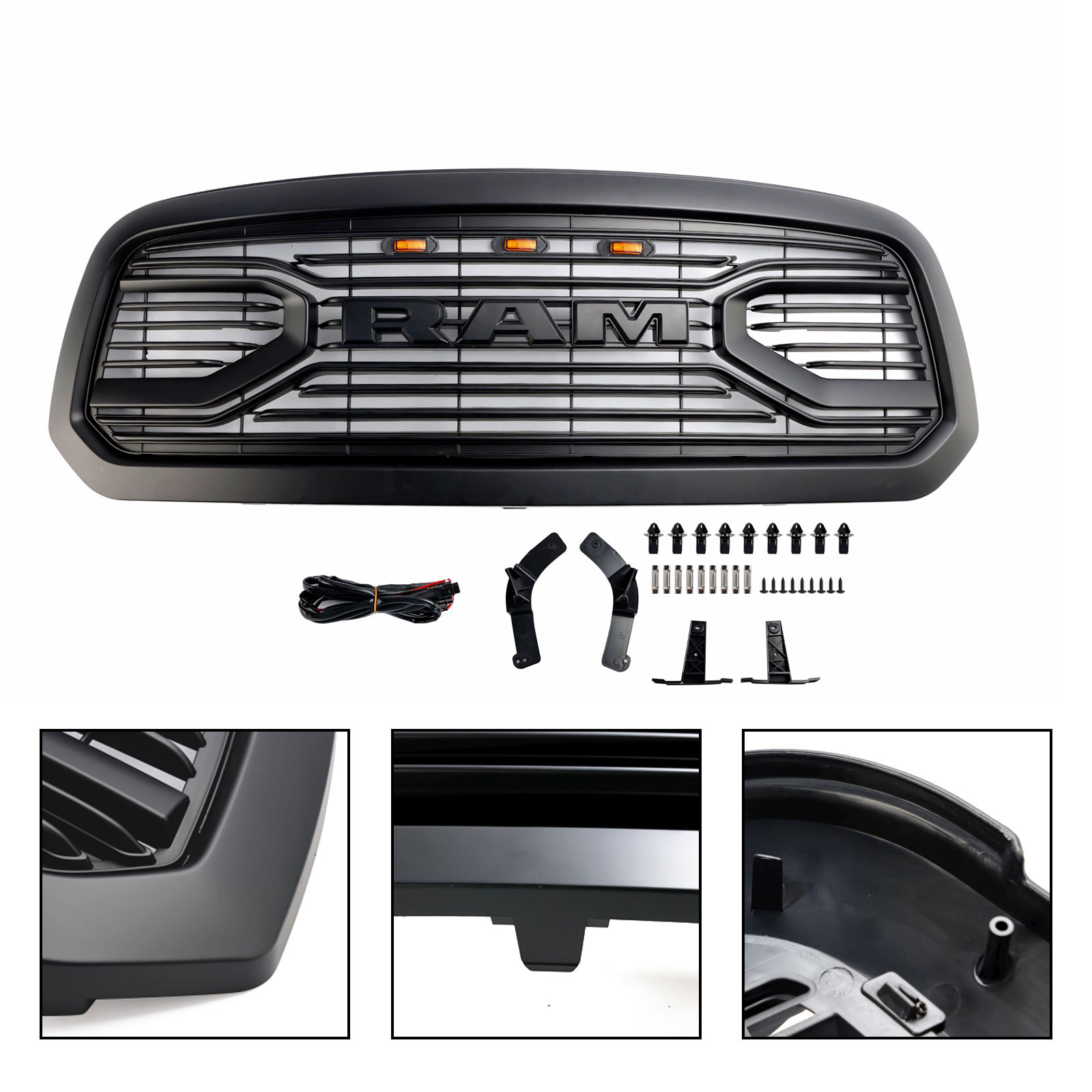For 2013-2018 Dodge Ram 1500 Grill Big Horn Style Front Grille with LED Light Matte Black