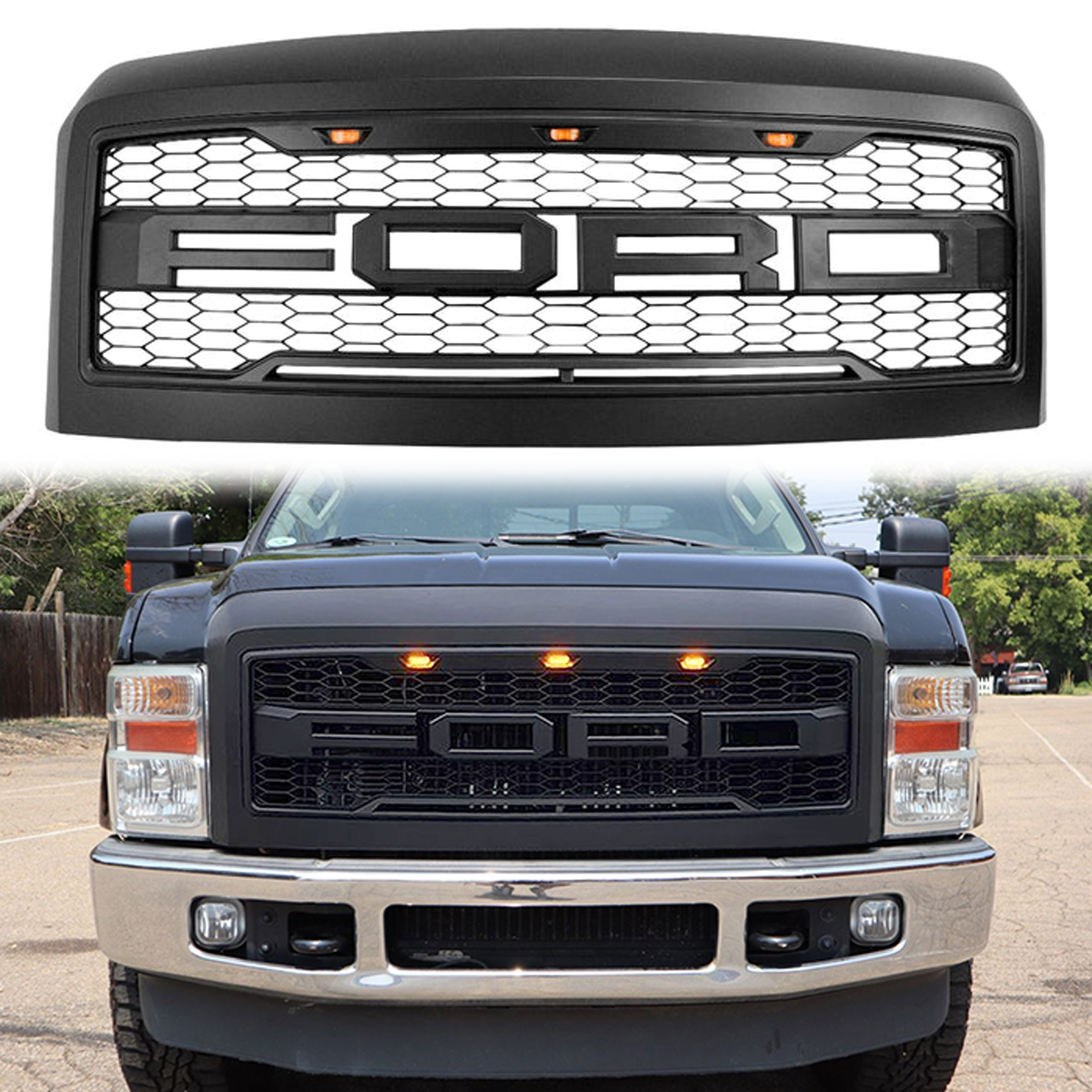 For 2008-2010 Ford F250 F350 Super Duty Grill Raptor Style Front Grille W/ Light & Letter Matte Black