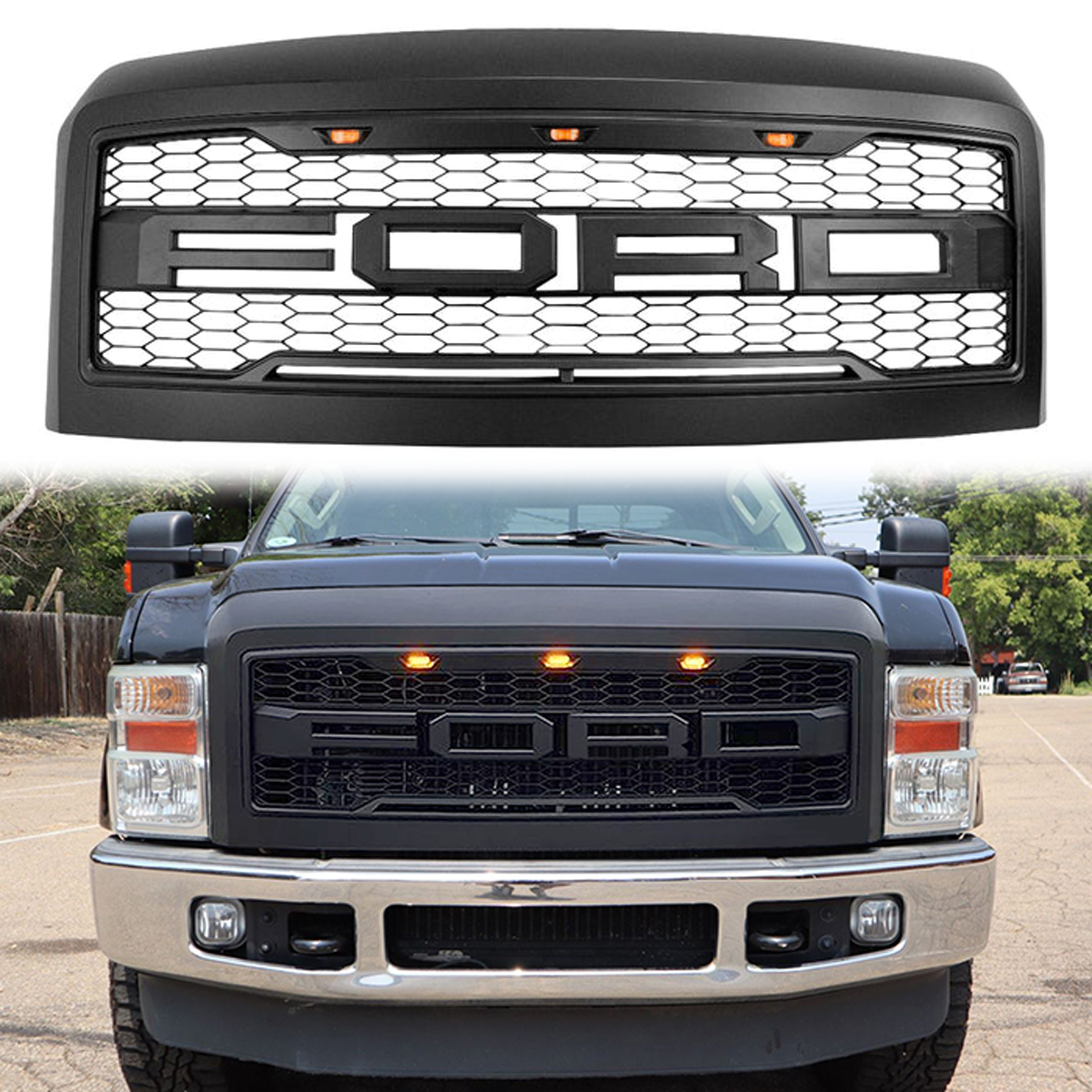 For 2008-2010 Ford F250 F350 Super Duty Grill Raptor Style Front Grille W/ Light & Letter Matte Black
