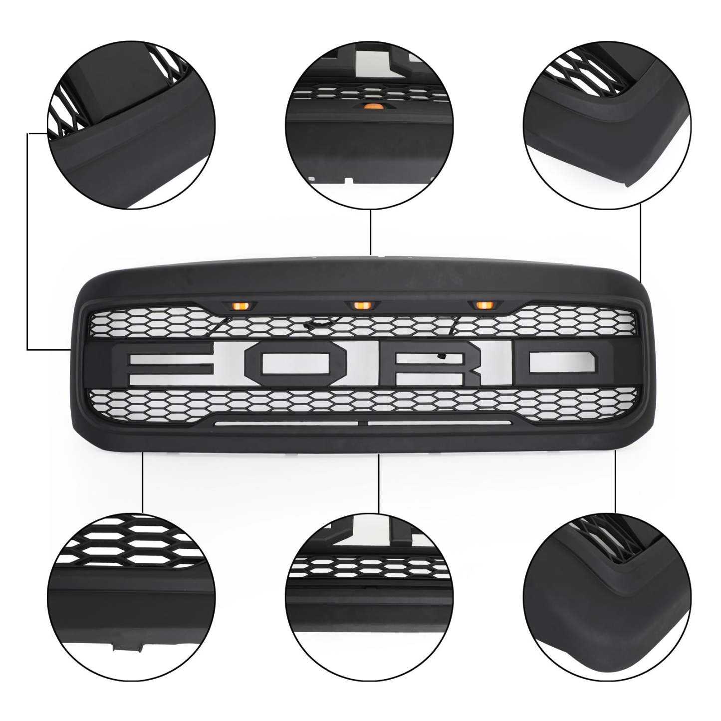 Front Grille For 1999-2004 Ford F250 F350 Super Duty Raptor Style Grill w/ LED Matte Black