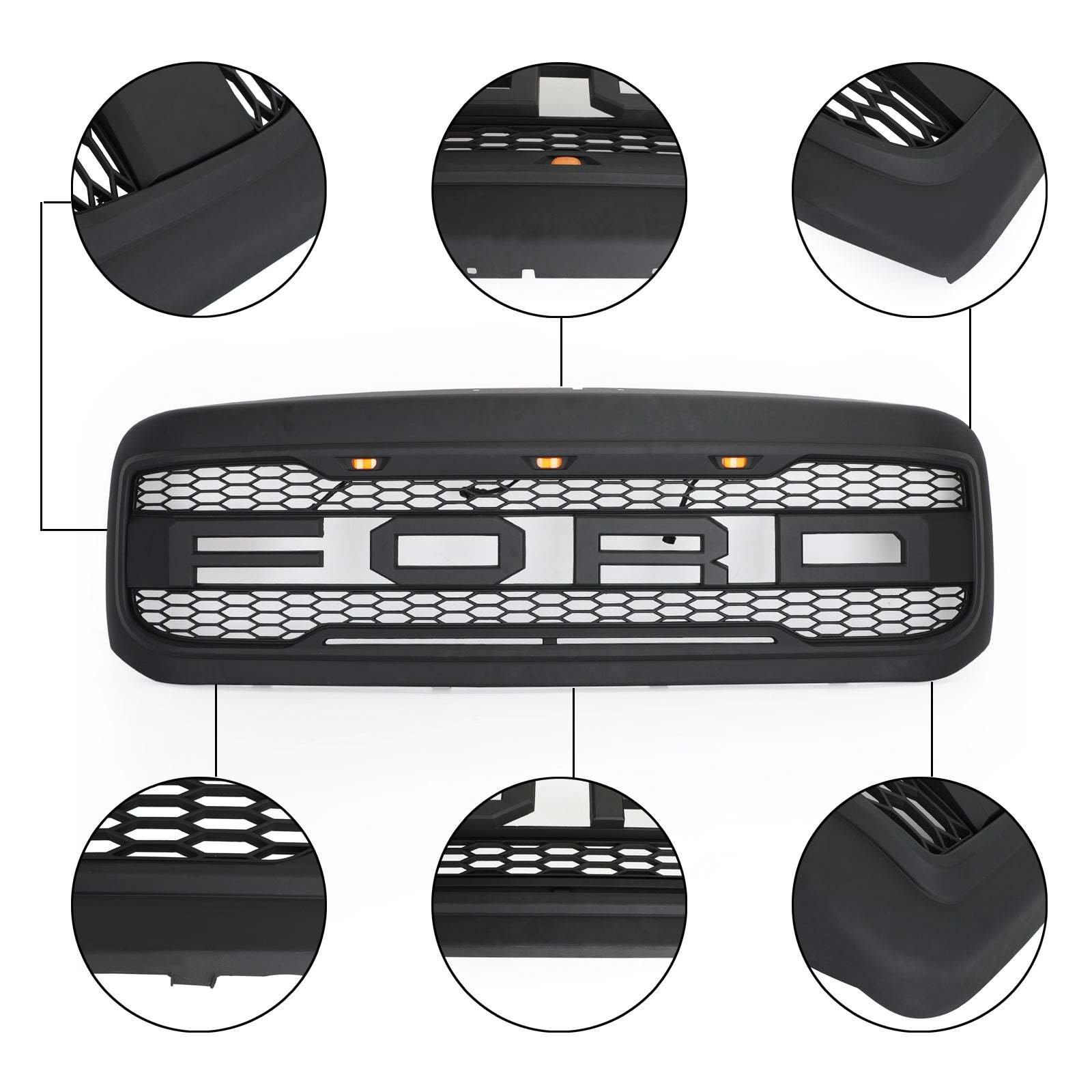 Front Grille For 1999-2004 Ford F250 F350 Super Duty Raptor Style Grill w/ LED Matte Black
