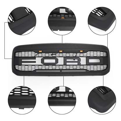 Front Grille For 1999-2004 Ford F250 F350 Super Duty Raptor Style Grill w/ LED Matte Black