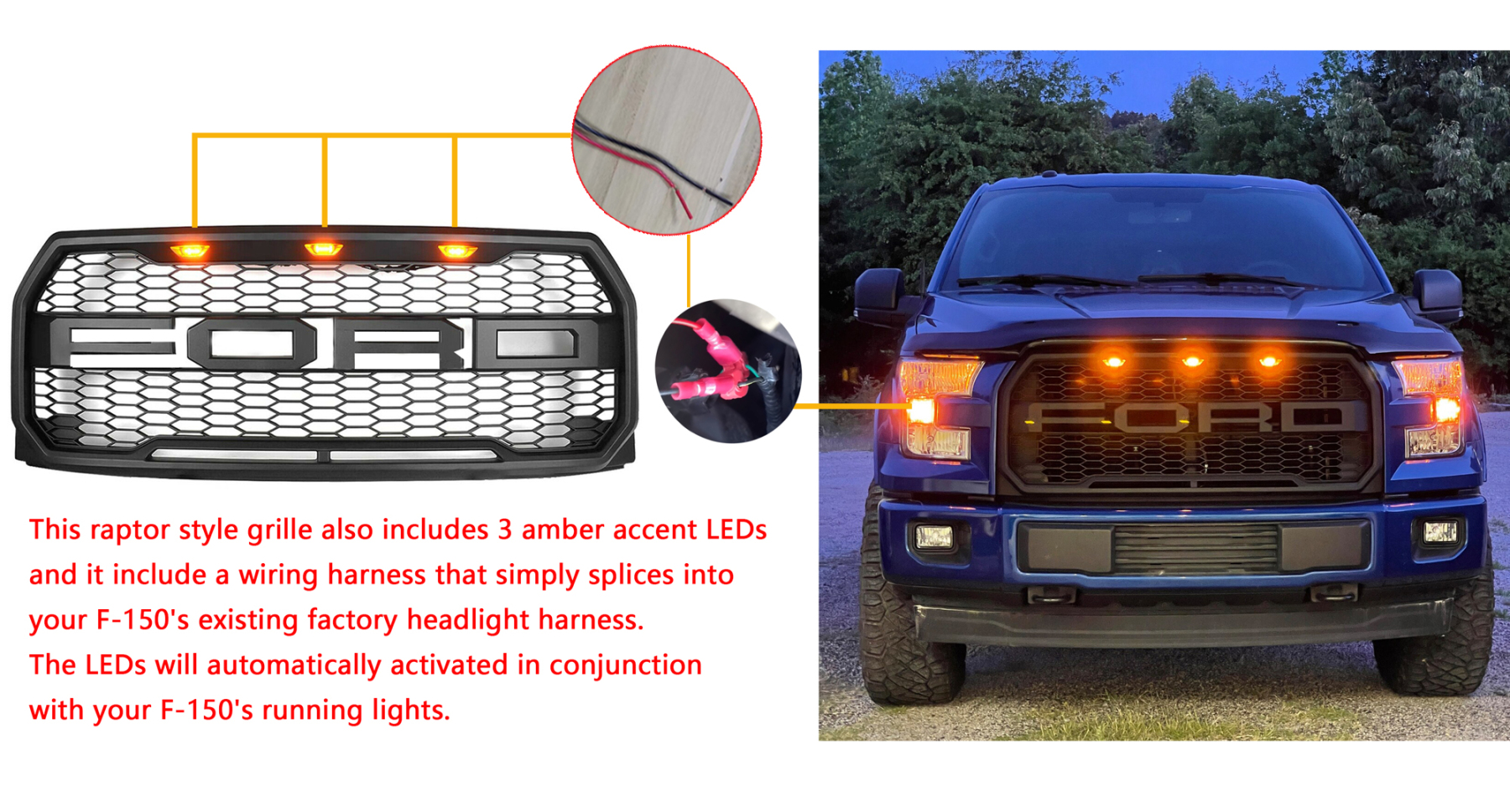 Raptor Style Grill For 2015 2016 2017 FORD F150 Front Grille W/LED Matte Black