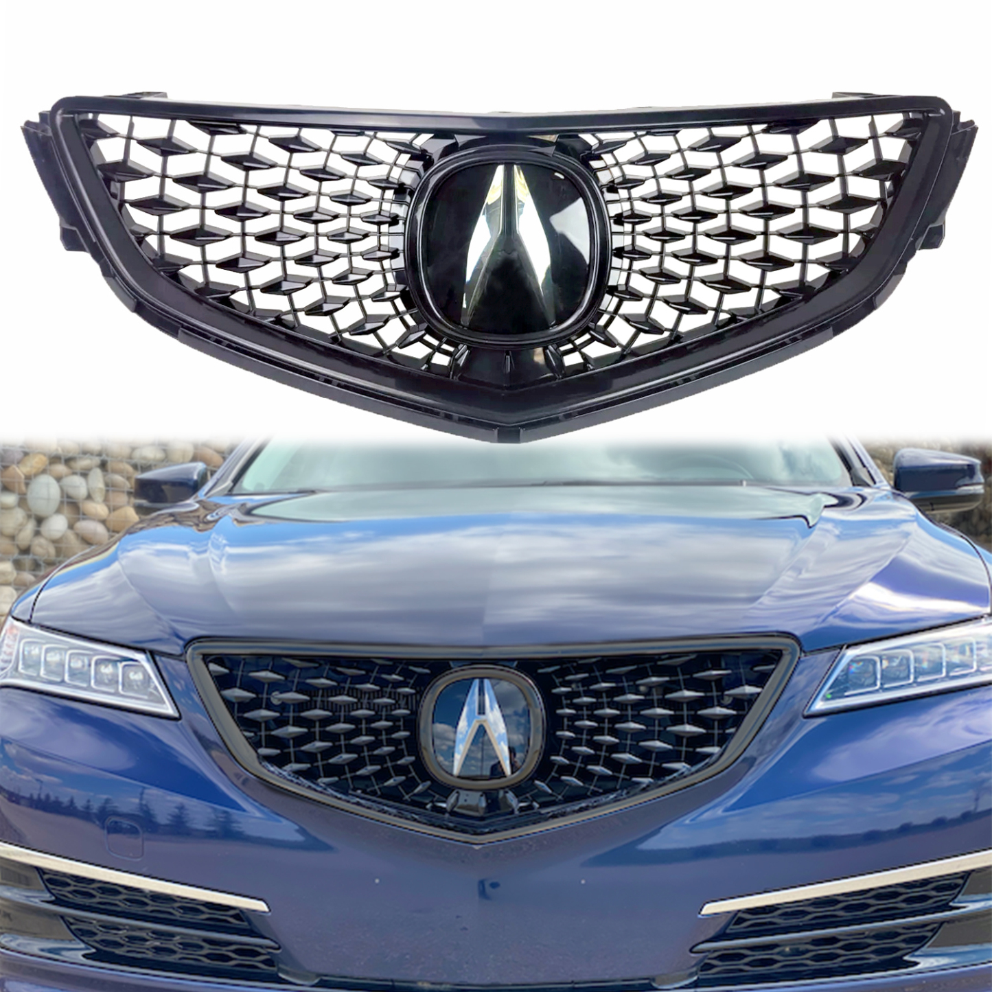 2018 Acura TLX Style Grill with Emblem For 2015-2017 Honda Acura TLX Glossy Black
