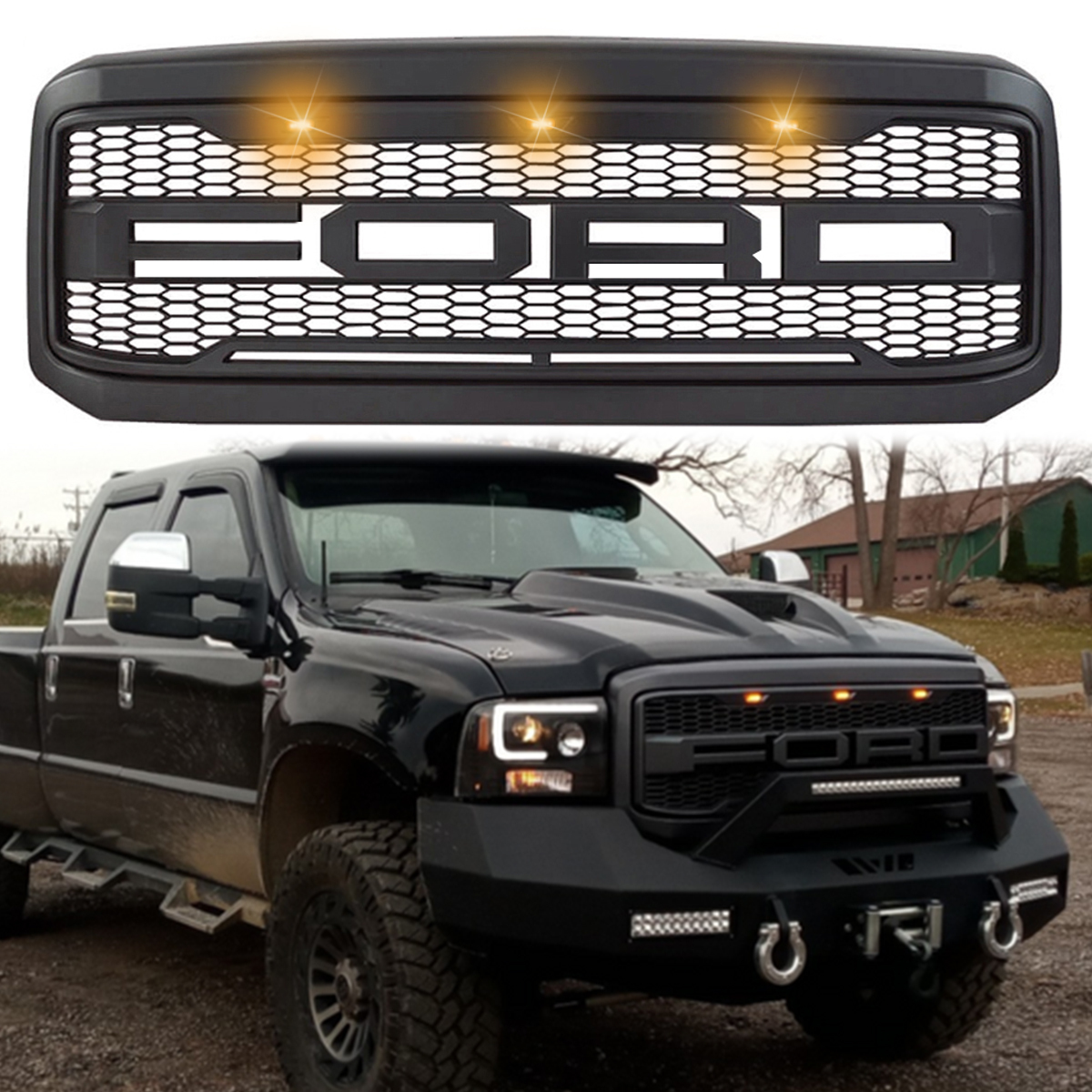 For 2005-2007 Ford Super Duty F250 F350 F450 F550 Grill Raptor Style Grille w/Led Light