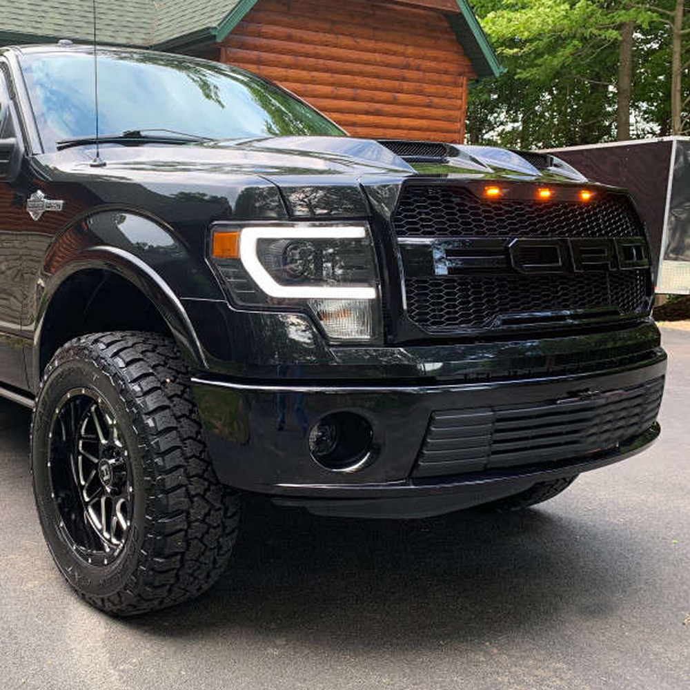 Front Grille For 2009-2014 Ford F150 Raptor Style Grill with Amber LED Light Glossy Black