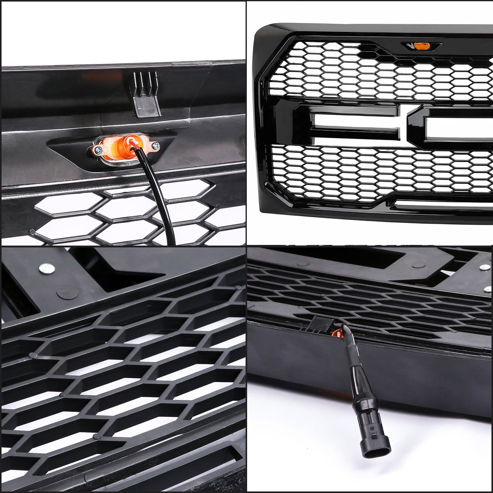 Front Grille For 2009-2014 Ford F150 Raptor Style Grill with Amber LED Light Glossy Black