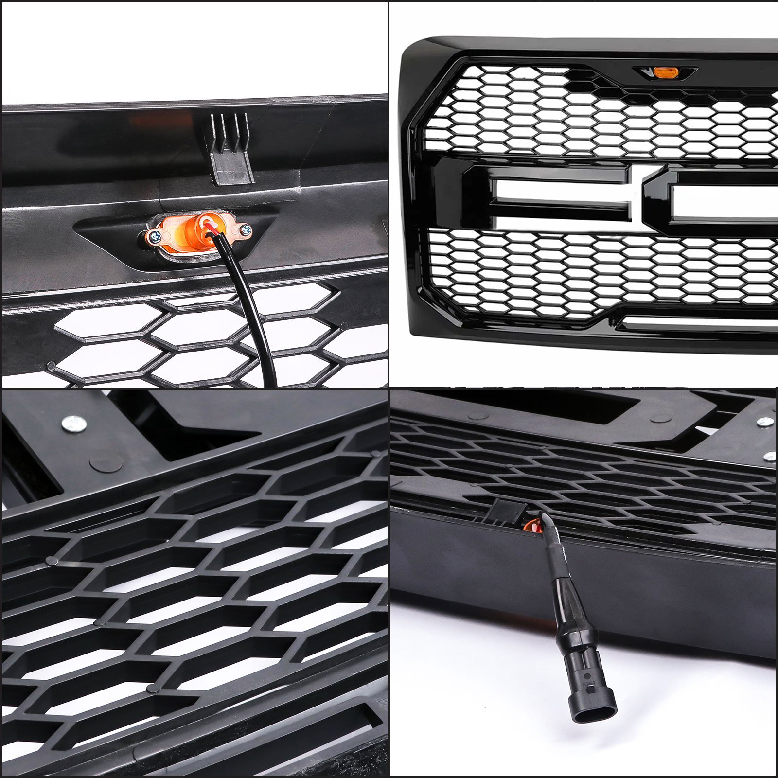 Front Grille For 2009-2014 Ford F150 Raptor Style Grill with Amber LED Light Glossy Black