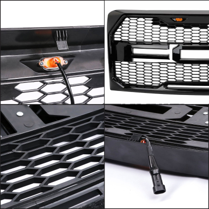 Front Grille For 2009-2014 Ford F150 Raptor Style Grill with Amber LED Light Glossy Black