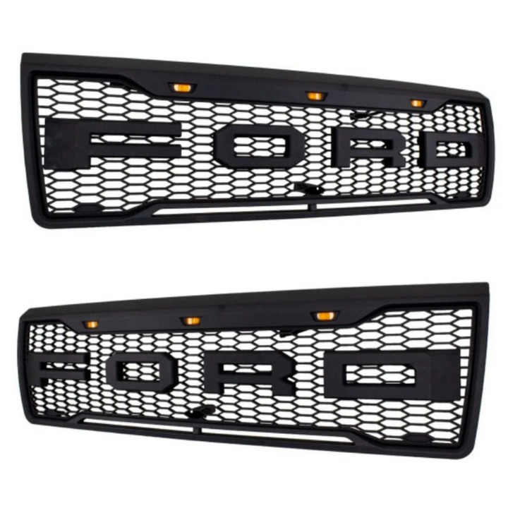 Front Grille For 1992-1996 Ford F150 Bronco Grill With LED Light & Letters Matte Black