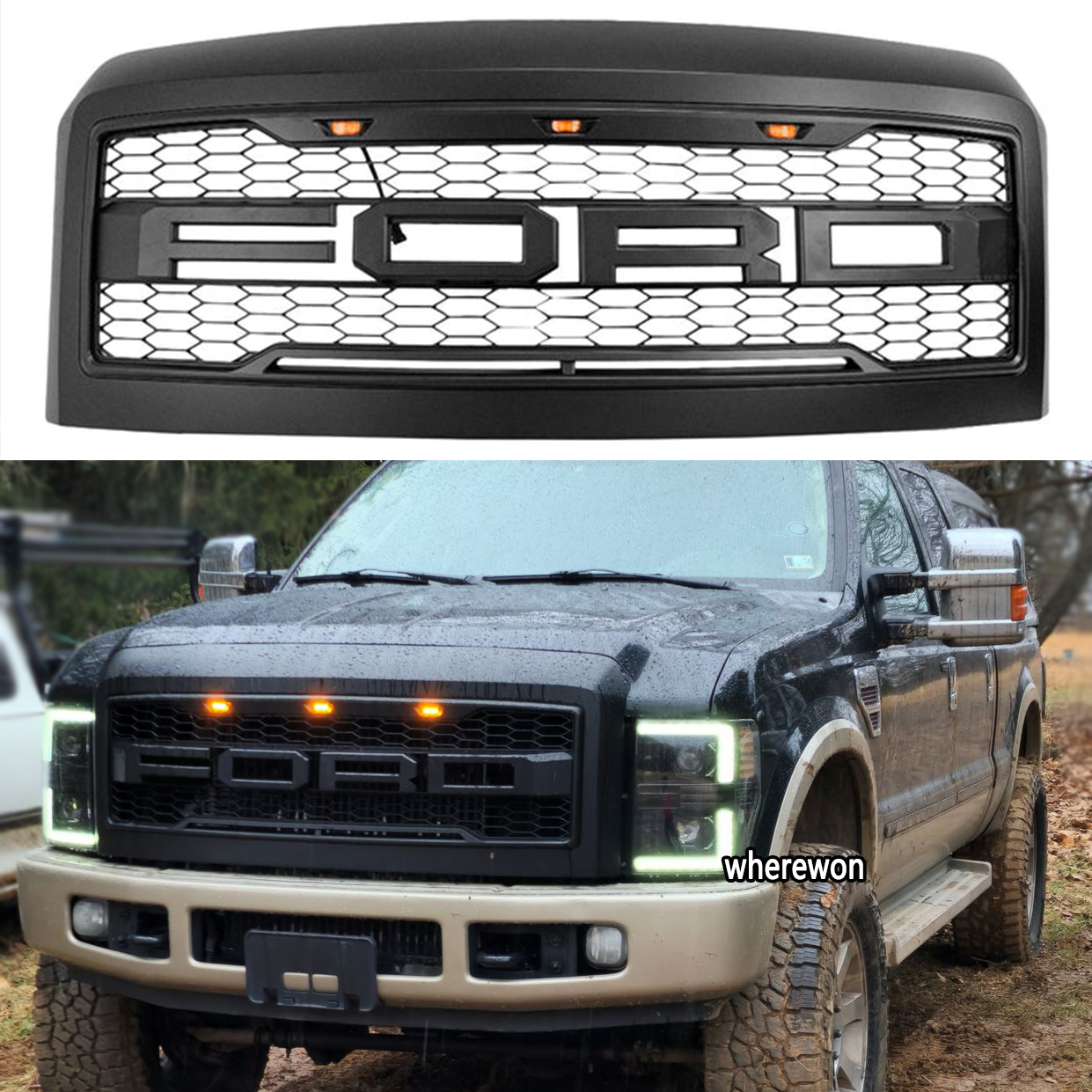 Front Grille For 2008-2010 Ford F250 F350 Super Duty Raptor Style Grill W/ Letters Matte Black