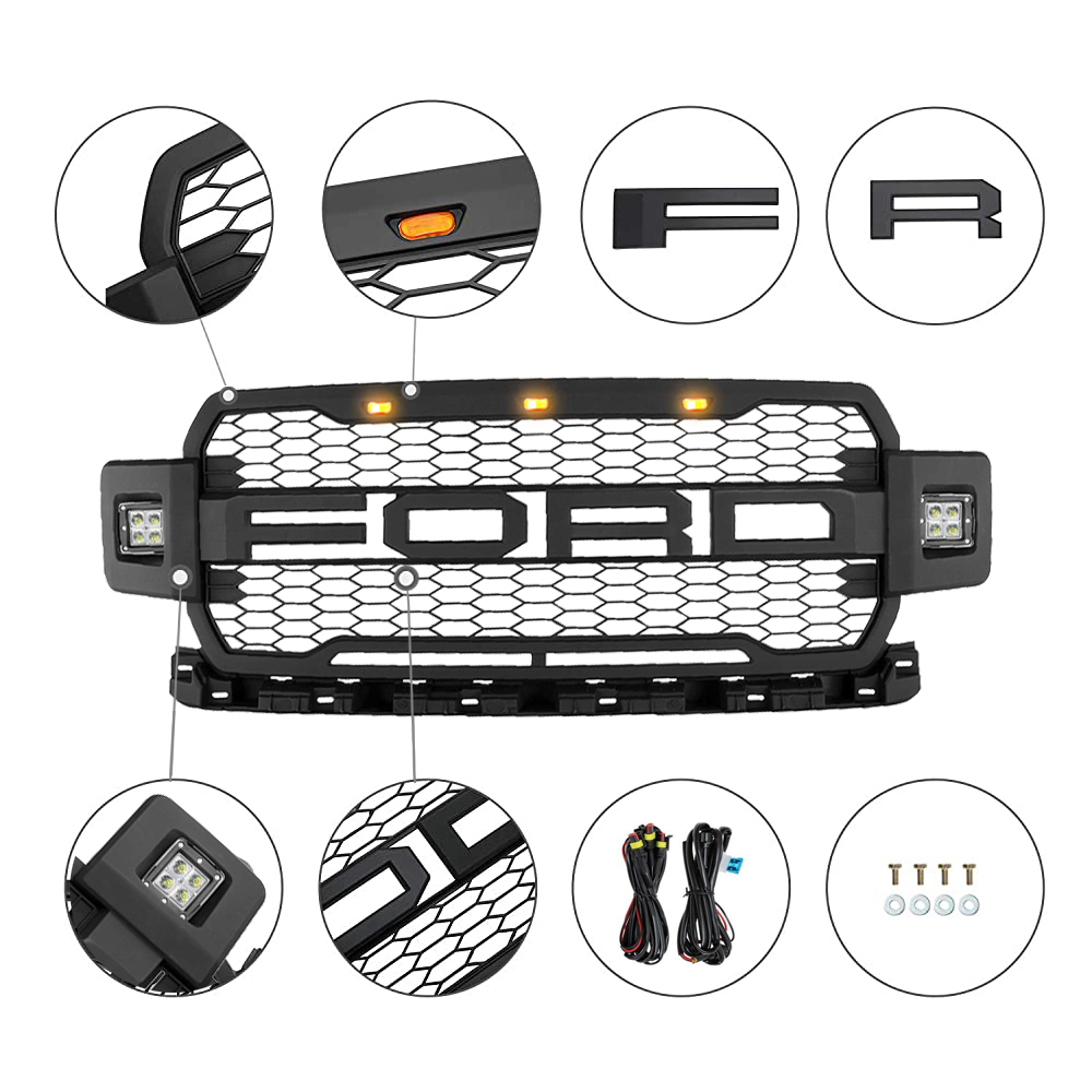 For 2018-2020 Ford F150 Grill Raptor Style Front Grille W/Led Lights w/Letter