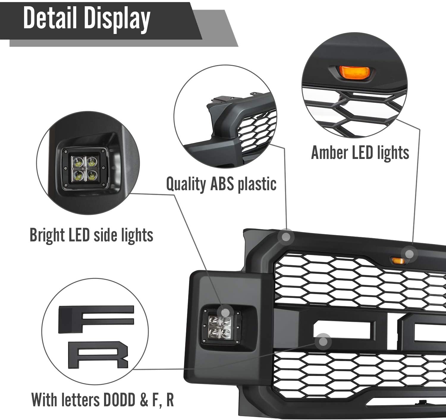 For 2017-2019 FORD F250 F350 Super Duty Raptor Style Grill Front Grille W/LED Matte black