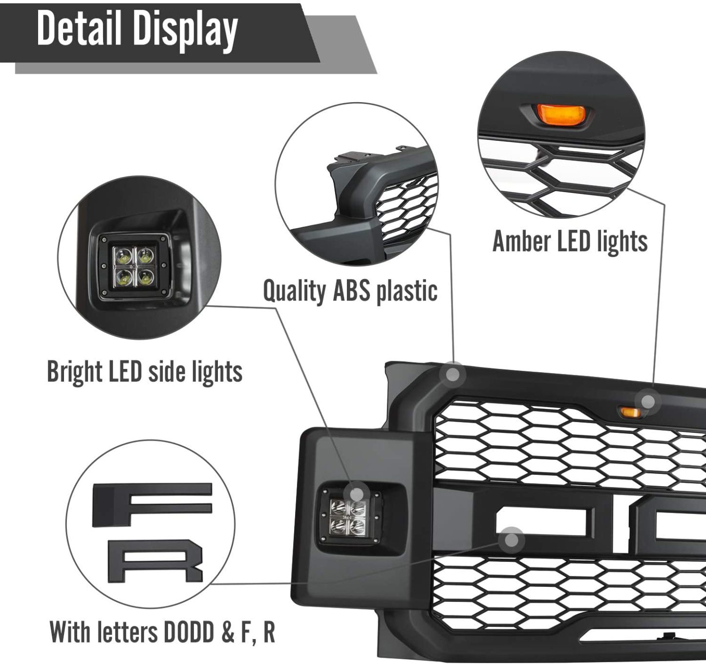 For 2017-2019 FORD F250 F350 Super Duty Raptor Style Grill Front Grille W/LED Matte black