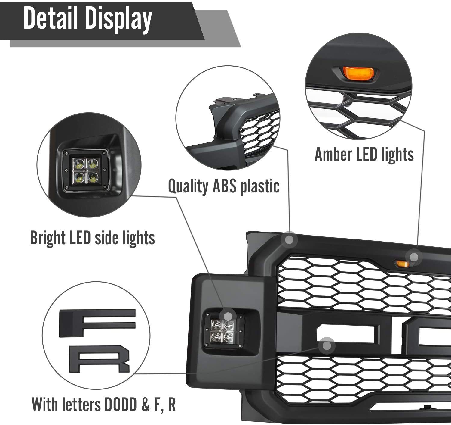 For 2017-2019 FORD F250 F350 Super Duty Raptor Style Grill Front Grille W/LED Matte black