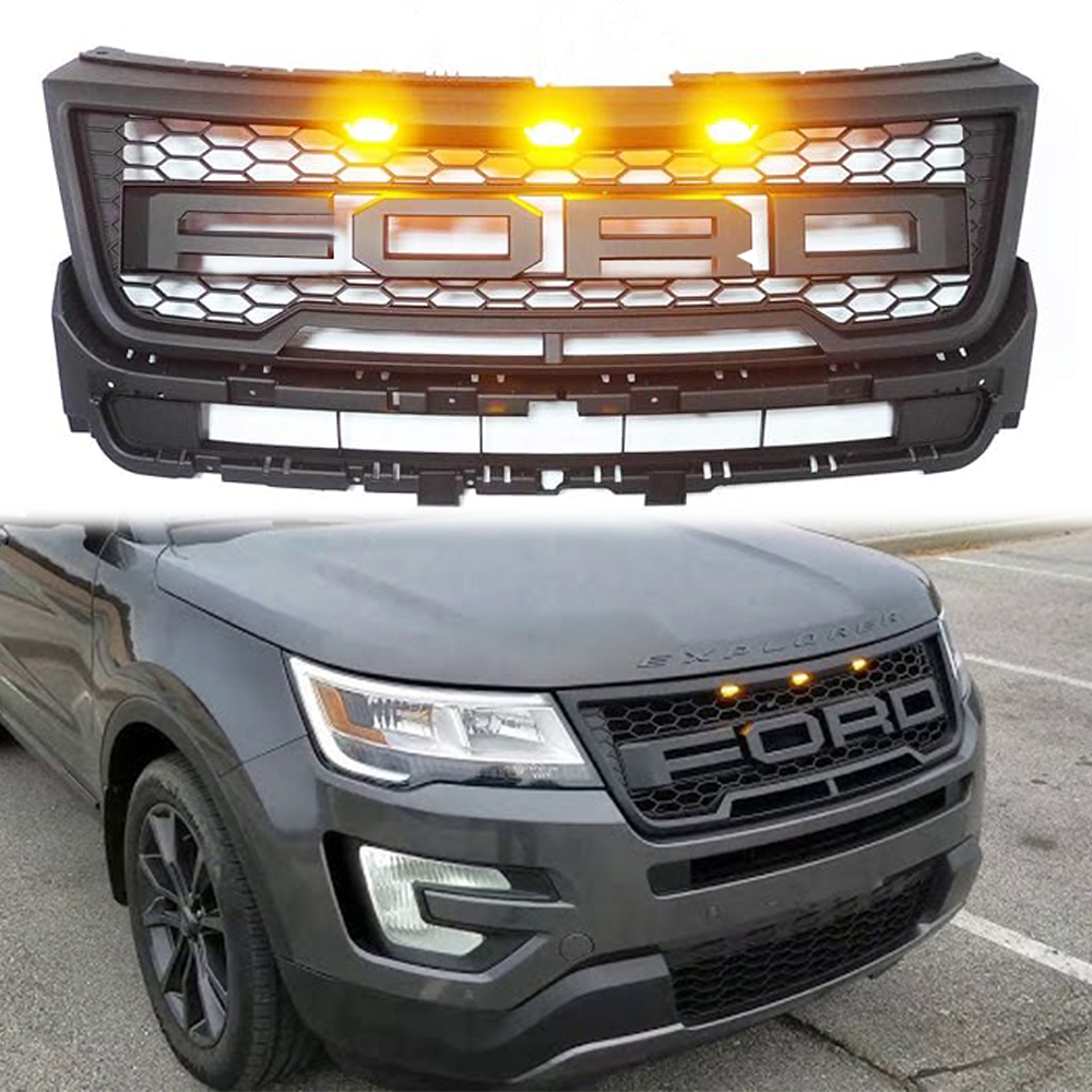 For 2016-2018 Ford Explorer Raptor Style Front Grille W/Lights & Letters Black