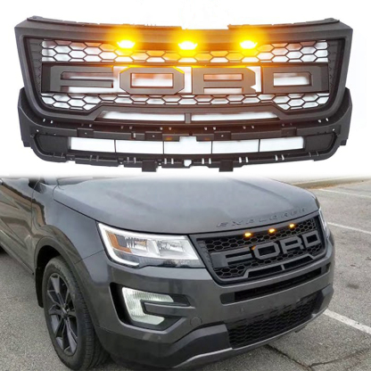 For 2016-2018 Ford Explorer Raptor Style Front Grille W/Lights & Letters Black