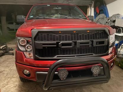 Front Grille For 2009-2014 Ford F150 Raptor Style Grill with Amber LED Light Matte Black