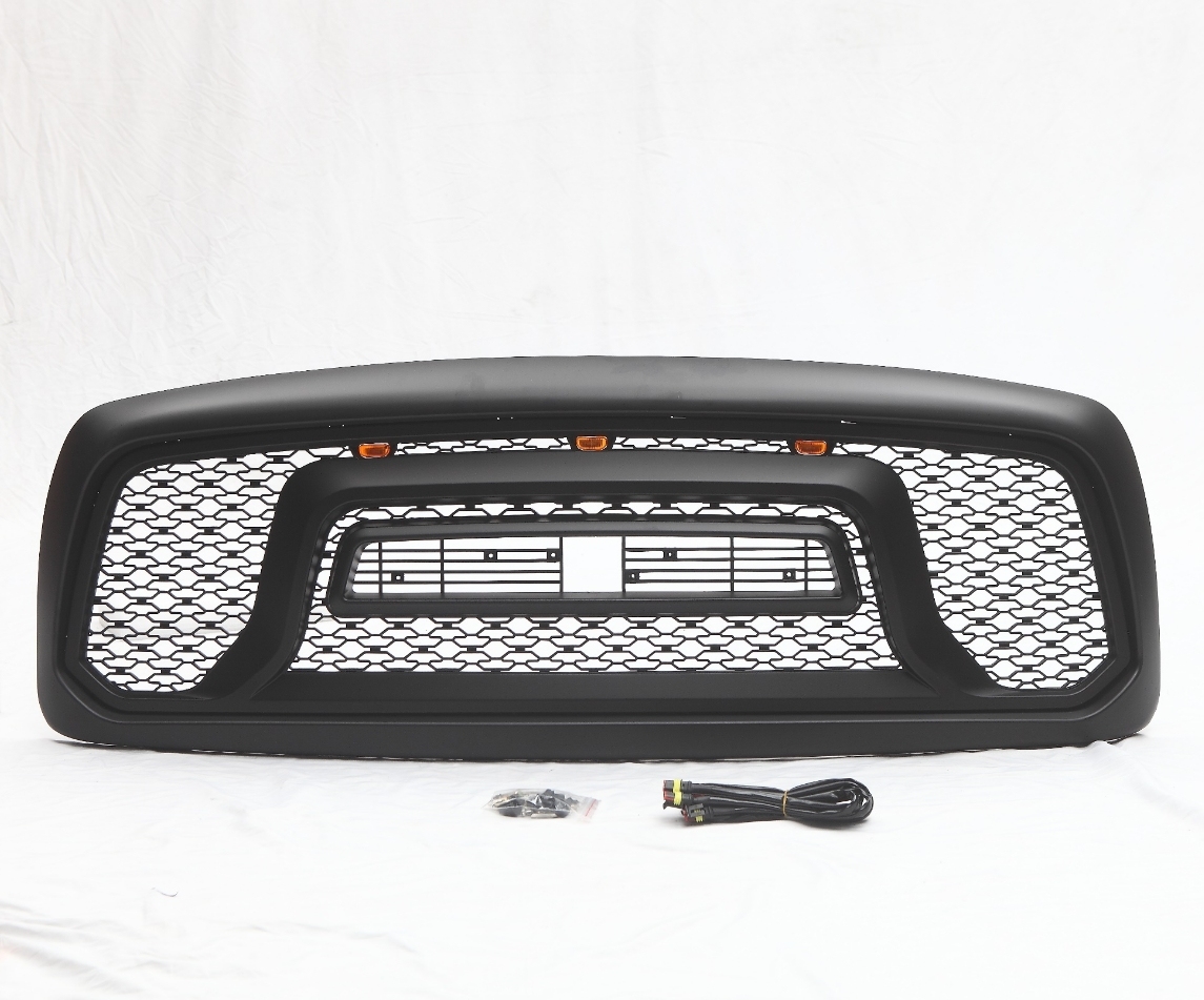 Front Grille For 2002-2005 Dodge RAM 1500 Rebel Style Grill w/ Letters & LED Light Matte Black