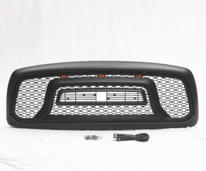 Front Grille For 2002-2005 Dodge RAM 1500 Rebel Style Grill w/ Letters & LED Light Matte Black