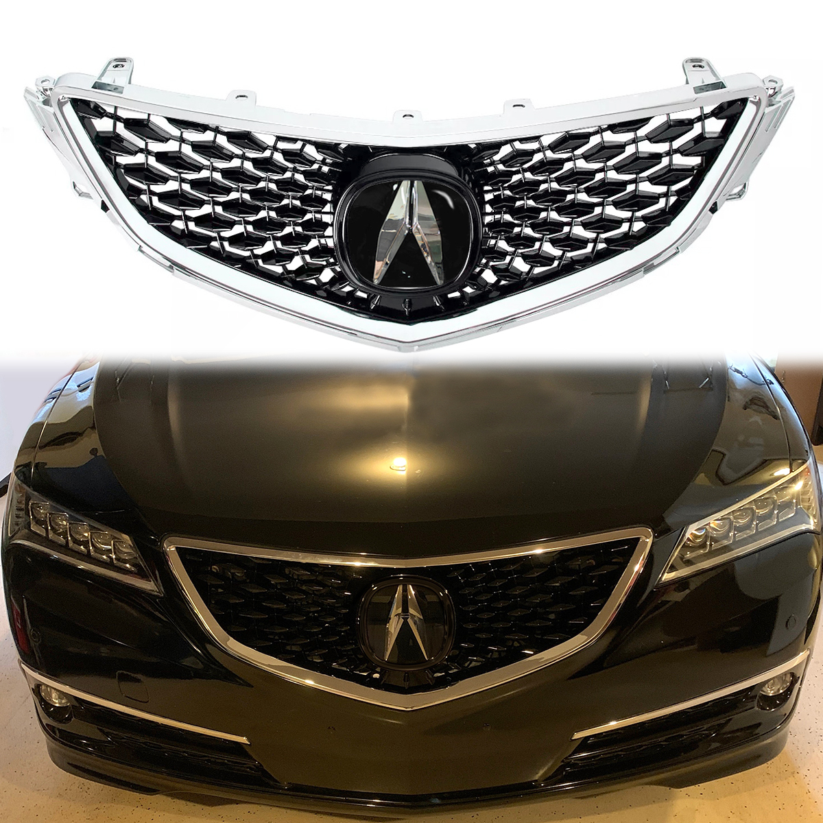 For 2015-2017 Honda Acura TLX Grille Upgrade 2018 Acura TLX Style Grill with Emblem Chrome + Glossy Black 