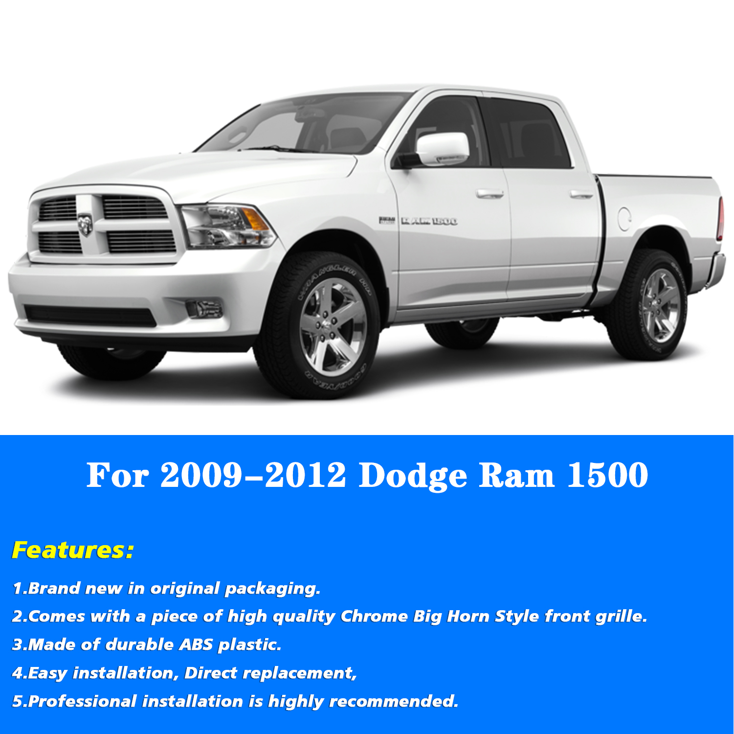 For 2009-2012 Dodge Ram 1500 Front Grille Chrome Big Horn Style Grill with Letter