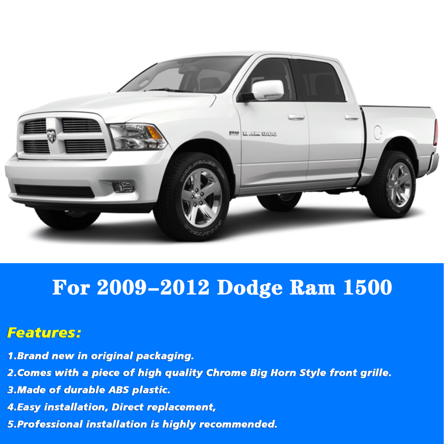For 2009-2012 Dodge Ram 1500 Front Grille Chrome Big Horn Style Grill with Letter