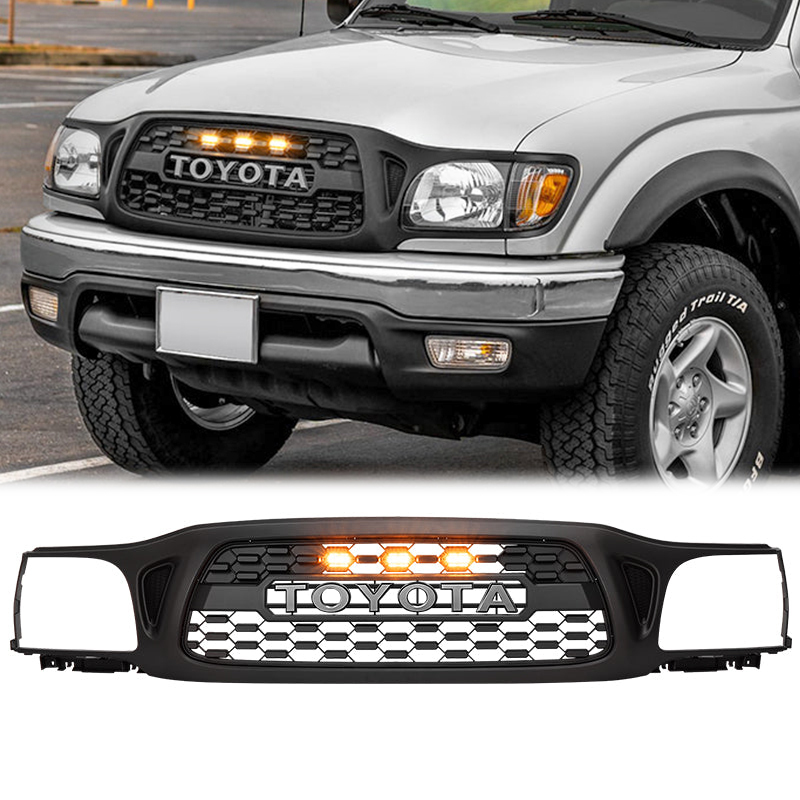 Front Grille For Tacoma 2001-2004 Grill Bumper Mesh w/LED Lights w/Letter Matte Black